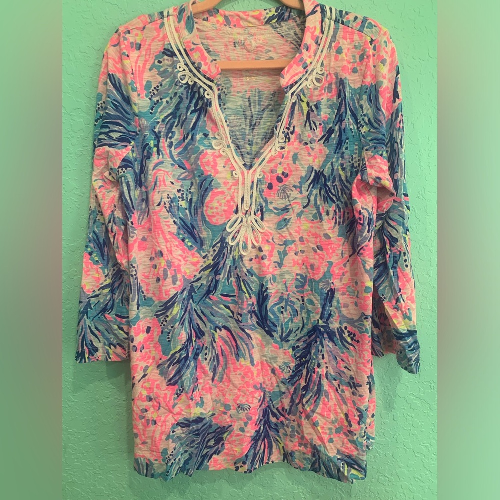 Lilly Pulitzer Pink Blue Kaia Tunic Top Fan Sea periwinkle L resort artsy preppy